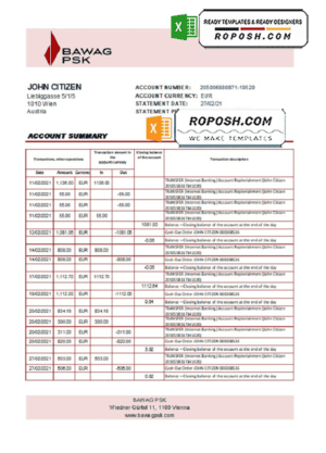 Austria BAWAG PSK bank statement easy to fill template in Excel and PDF format