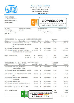 Bangladesh Janata bank statement easy to fill template in .xls and .pdf file format