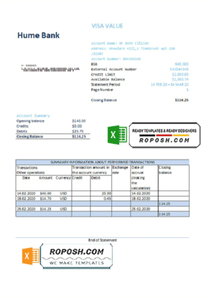 Australia Humebank bank statement easy to fill template in Excel and PDF format