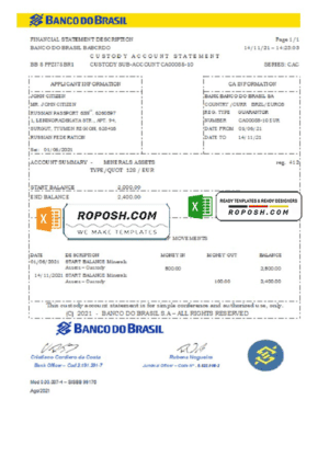 Brazil Banco do Brasil bank statement easy to fill template in Excel and PDF format