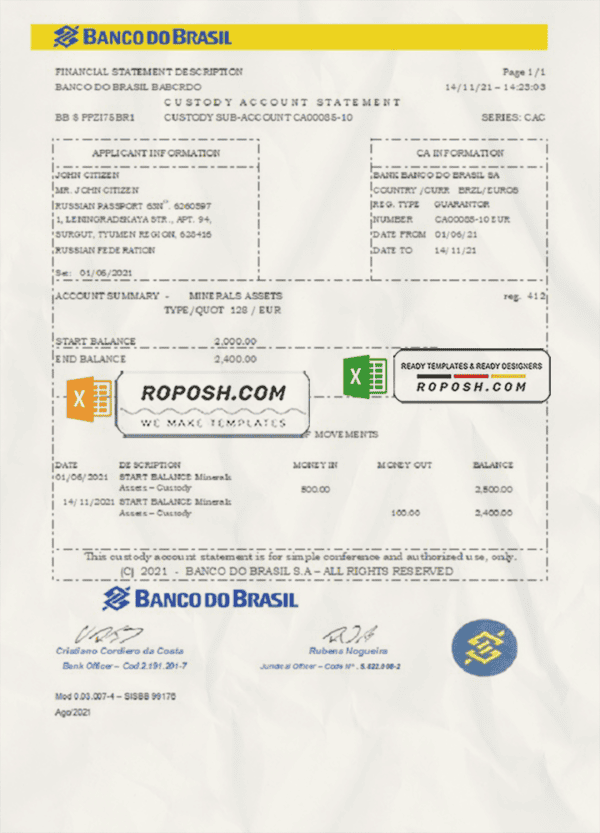 Brazil Banco do Brasil bank statement easy to fill template in Excel and PDF format