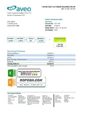 Australia Aveo bank statement template in .xls and .pdf file format