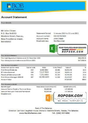 Bahamas Bank of the Bahamas bank statement easy to fill template in .xls and .pdf file format