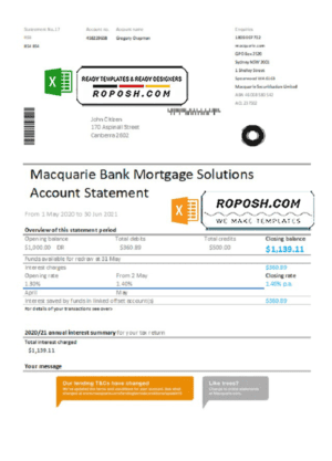 Australia Macquire Bank statement easy to fill template in Excel and PDF format