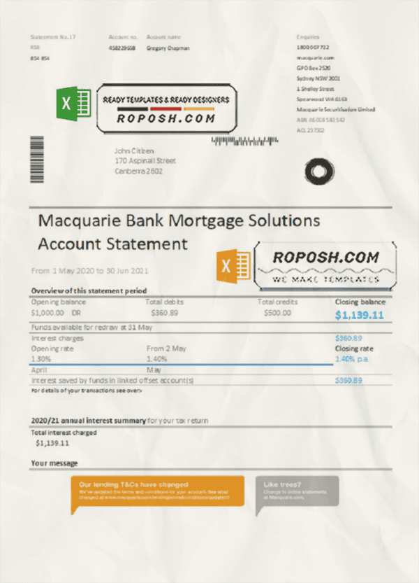 Australia Macquire Bank statement easy to fill template in Excel and PDF format