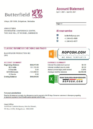 Barbados Butterfield bank statement easy to fill template in .xls and .pdf file format