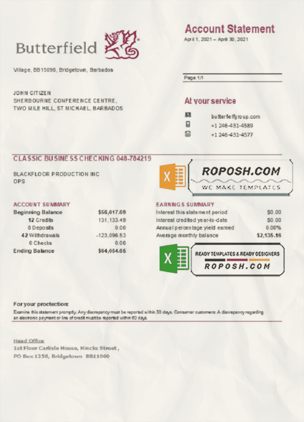 Barbados Butterfield bank statement easy to fill template in .xls and .pdf file format