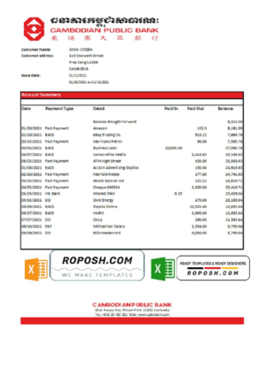 Cambodia Cambodian Public Bank statement easy to fill template in Excel and PDF format