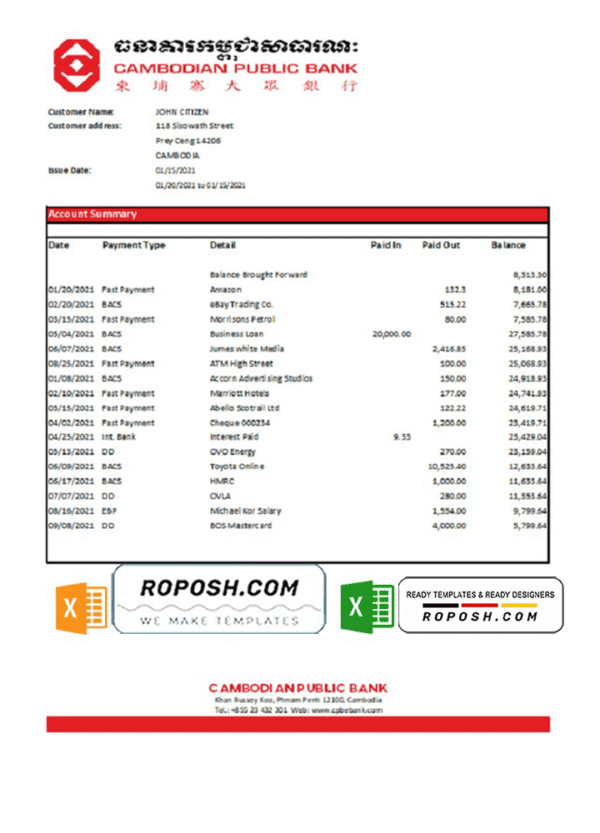 Cambodia Cambodian Public Bank statement easy to fill template in Excel and PDF format
