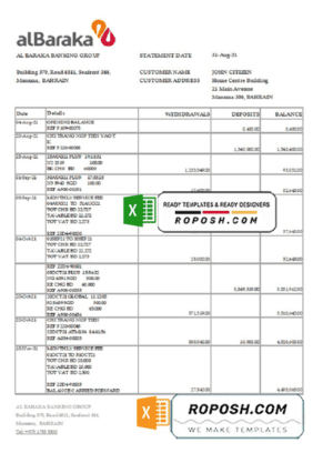 Bahrain Al Baraka bank statement easy to fill template in .xls and .pdf file format