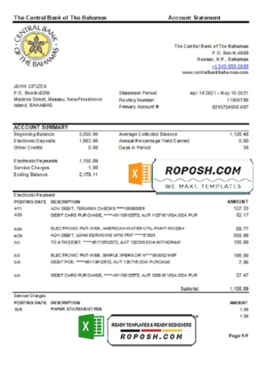 Bahamas The Central bank of the Bahamas bank statement easy to fill template in .xls and .pdf file format
