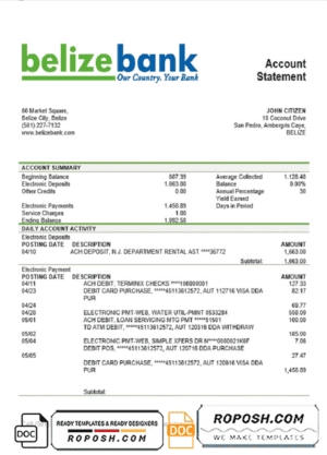 Belize Belizebank proof of address bank statement template in Word and PDF format