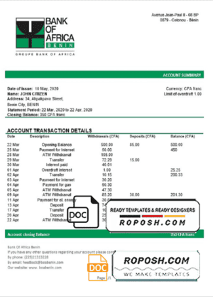 Benin Bank of Africa bank statement template in Word and PDF format
