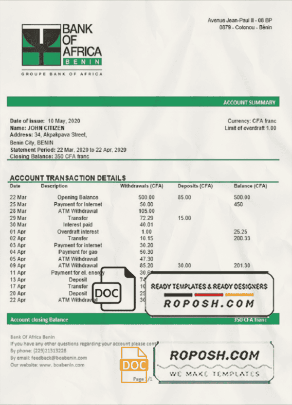 Benin Bank of Africa bank statement template in Word and PDF format