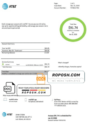 USA Texas AT&T easy to fill utility bill template in Word and PDF format