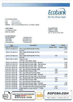 Benin Ecobank proof of address bank statement template in Word and PDF format