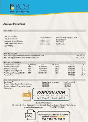 Bahamas Bank of The Bahamas proof of address bank statement template in ...