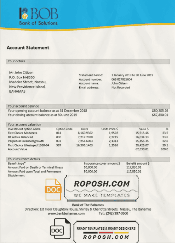 Bahamas Bank of The Bahamas proof of address bank statement template in Word and PDF format