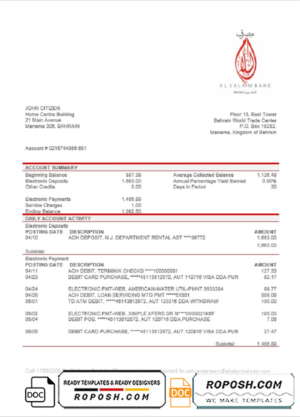 Bahrain Al Salam Bank proof of address statement template in Word and PDF format