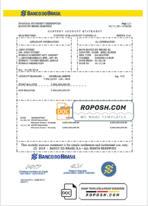 Brazil Banco do Brasil bank statement template in Word and PDF format