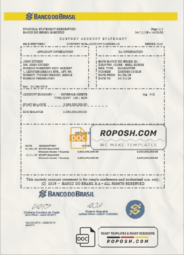 Brazil Banco do Brasil bank statement template in Word and PDF format