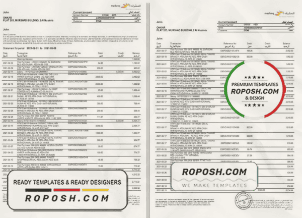UAE Mashreq bank statement template in Word and PDF format, 3 pages