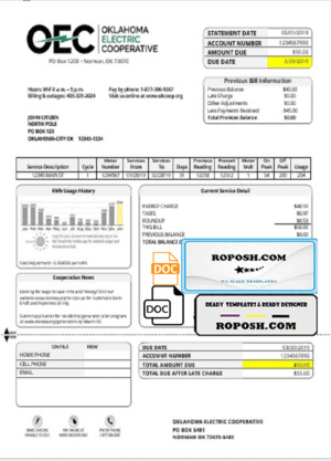 USA OEC electricity utility bill template in Word and PDF format