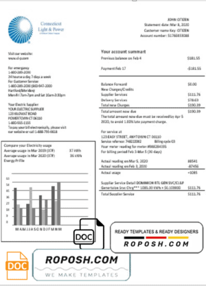 USA Connecticut Light & Power electricity utility bill in Word and PDF format