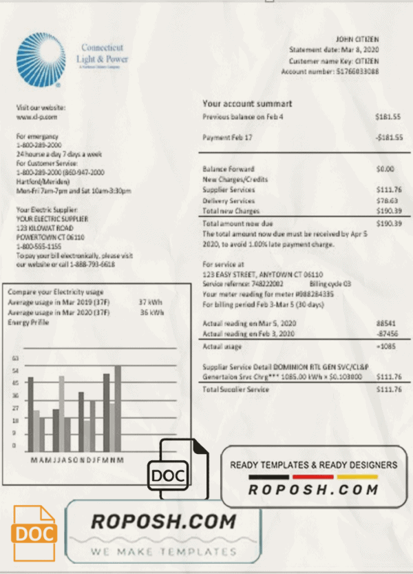 USA Connecticut Light & Power electricity utility bill in Word and PDF format