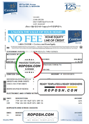 USA Indiana Centier bank statement template in Excel and PDF format