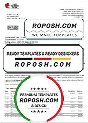 USA First Century bank proof of address statement template in Word and PDF format (.doc and .pdf)