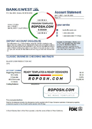 USA Bank of the West bank statement easy to fill template in Excel and PDF format