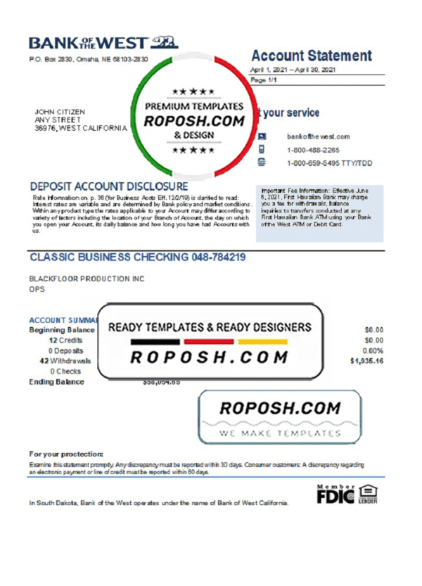 USA Bank of the West bank statement easy to fill template in Excel and PDF format