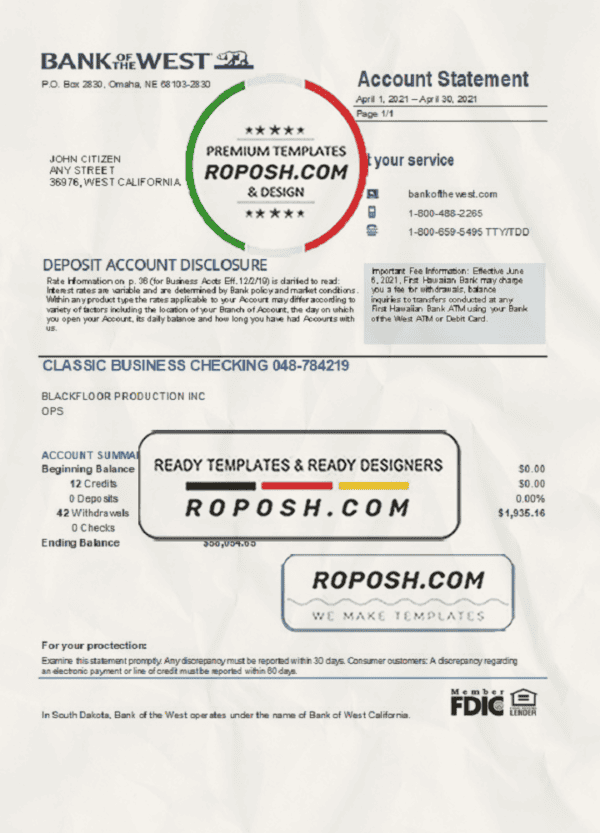 USA Bank of the West bank statement easy to fill template in Excel and PDF format