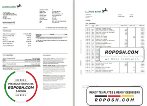 United Kingdom Lloyds bank statement template in Word and PDF format, good for address prove (2 pages)