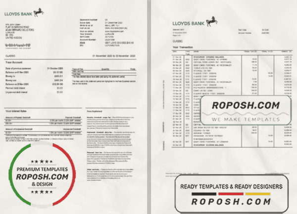 United Kingdom Lloyds bank statement template in Word and PDF format, good for address prove (2 pages)