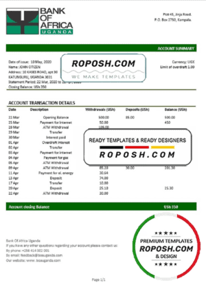 Uganda Bank of Africa proof of address bank statement template in Word and PDF format