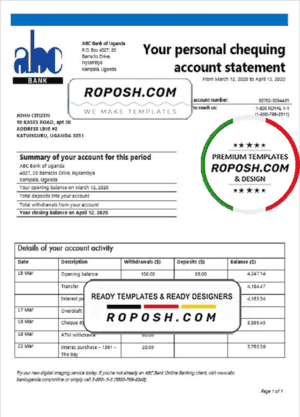 Uganda ABC Bank of Uganda proof of address bank statement template in Word and PDF format (.doc and .pdf)