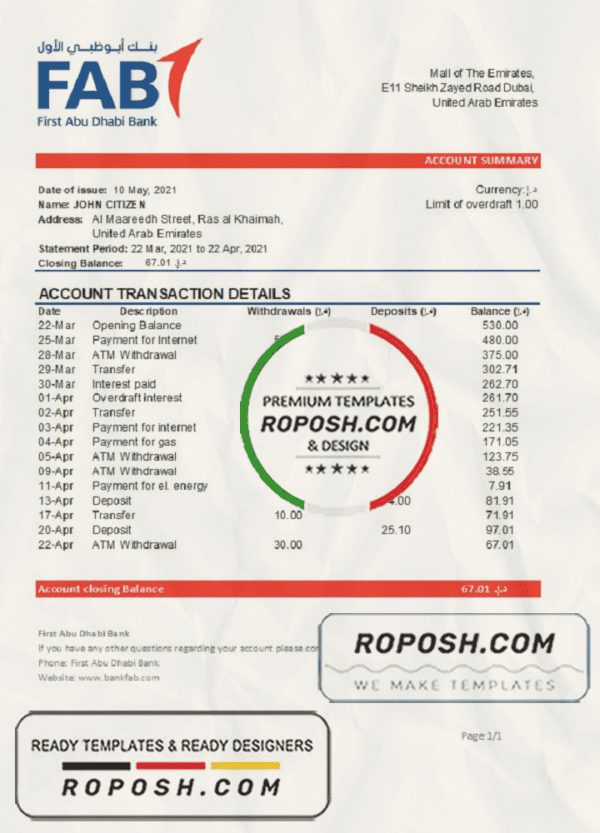 UAE First Abu Dhabi Bank statement easy to fill template in .xls and .pdf file format