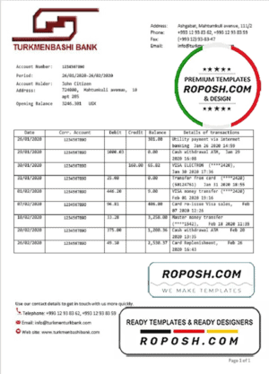 Turkmenistan Turkmenbashi Bank statement template, Word and PDF format (.doc and .pdf)