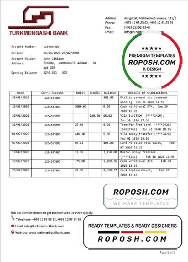 Turkmenistan Turkmenbashi Bank statement template, Word and PDF format (.doc and .pdf)