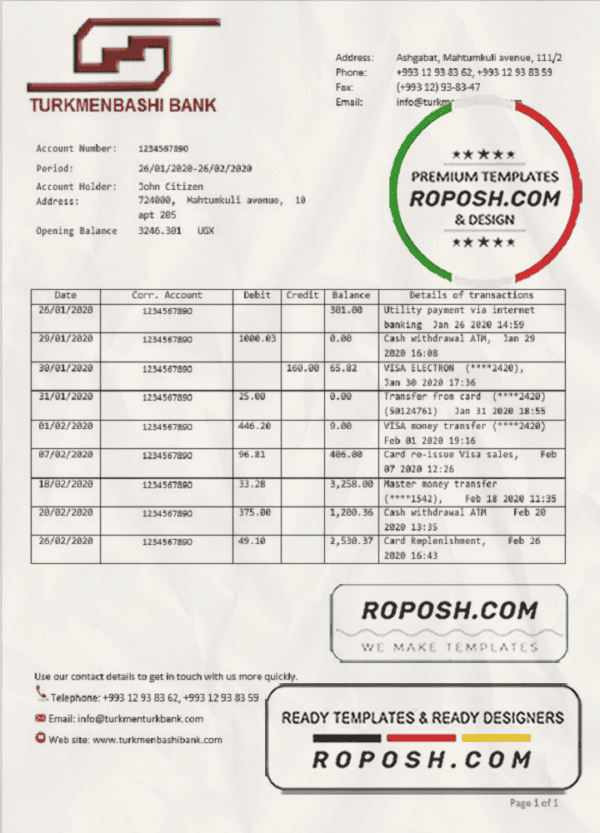 Turkmenistan Turkmenbashi Bank statement template, Word and PDF format (.doc and .pdf)