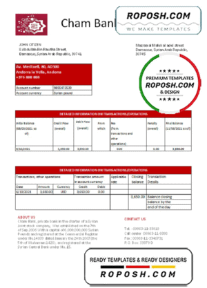Syria Cham Bank proof of address statement template in Excel and PDF format, .xls and .pdf format