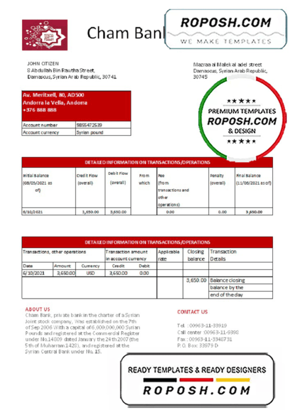Syria Cham Bank proof of address statement template in Excel and PDF format, .xls and .pdf format