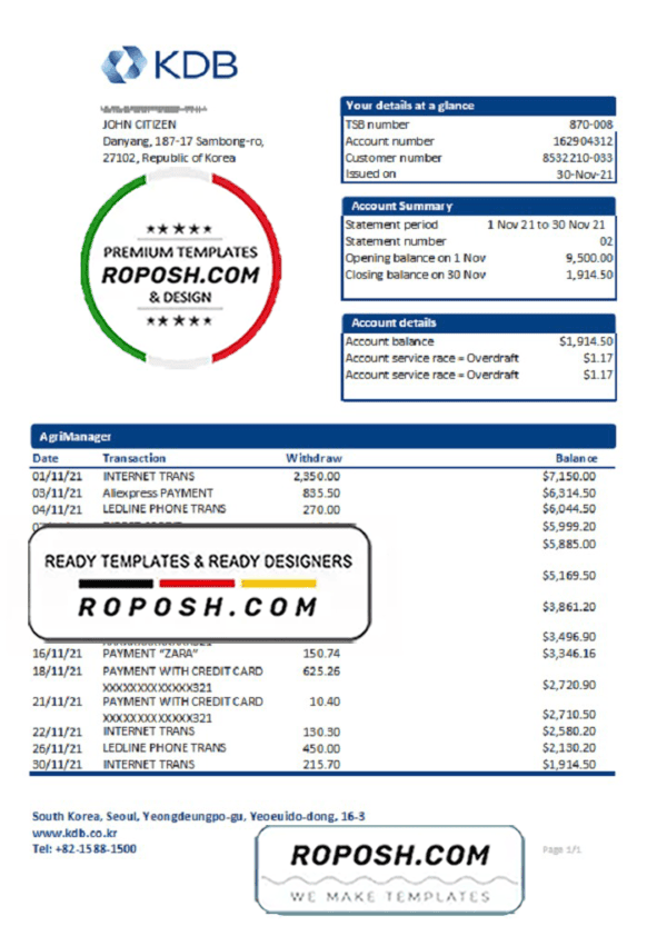 South Korea KDB bank statement easy to fill template in Excel and PDF format