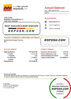 Senegal Attijariwafa Bank proof of address statement template in Word and PDF format