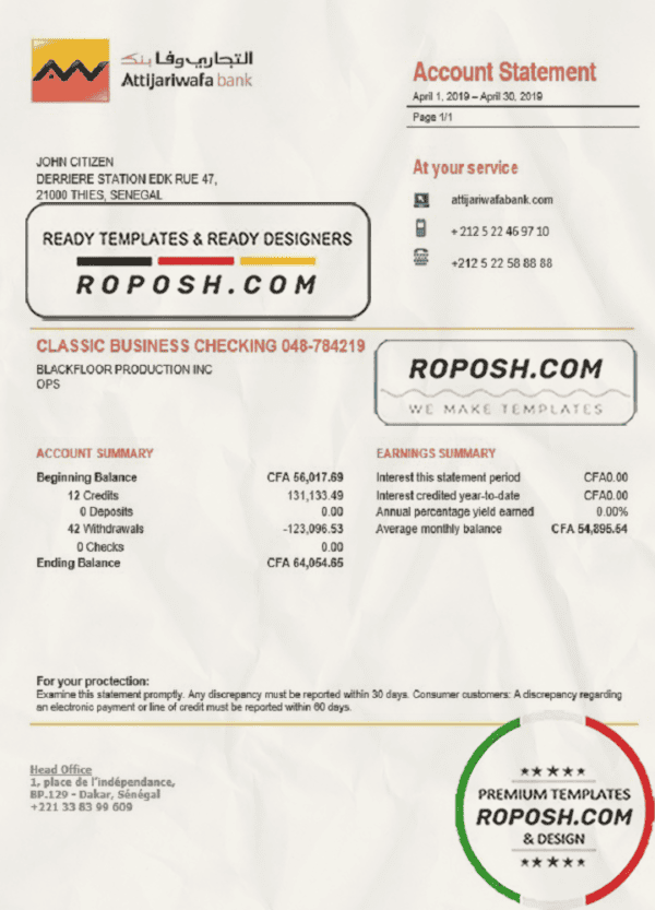 Senegal Attijariwafa Bank proof of address statement template in Word and PDF format