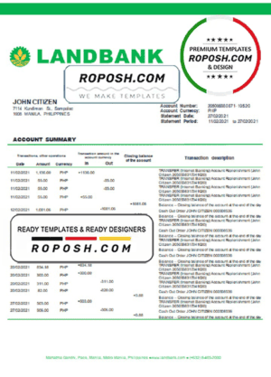 Philippines Land Bank of the Philippines proof of address bank statement template in Word and PDF format