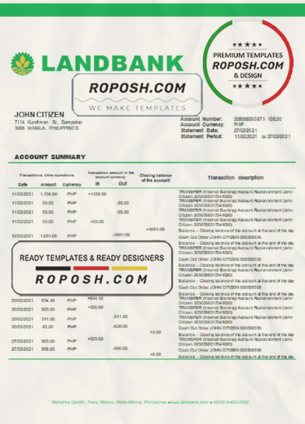 Philippines Land Bank of the Philippines proof of address bank statement template in Word and PDF format