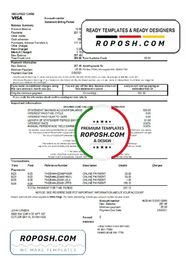 USA Wells Fargo bank credit card statement template in Excel and PDF format